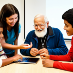 **Prompt 1:** A diverse group of eager learners, young and old, from various backgrounds, actively engaging with a knowledgeable mentor in a bright, modern learning space. The mentor is sharing practical, real-world skills and digital literacy, symbolizing the bridging of the knowledge gap in a rapidly digitalizing world. Focus on connection, empowerment, and accessible education. Soft, warm lighting, realistic style.
