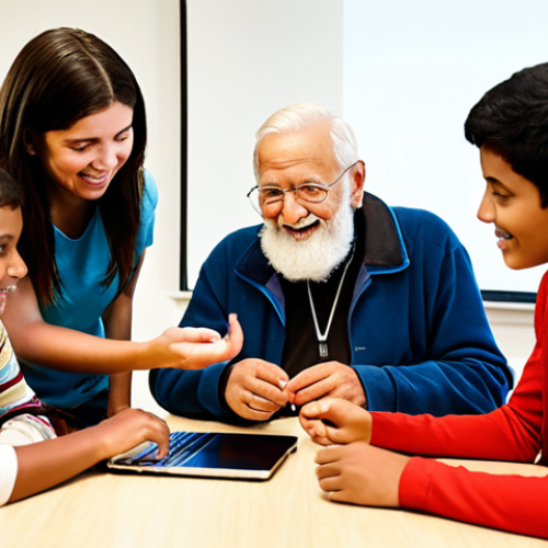 **Prompt 1:** A diverse group of eager learners, young and old, from various backgrounds, actively engaging with a knowledgeable mentor in a bright, modern learning space. The mentor is sharing practical, real-world skills and digital literacy, symbolizing the bridging of the knowledge gap in a rapidly digitalizing world. Focus on connection, empowerment, and accessible education. Soft, warm lighting, realistic style.
